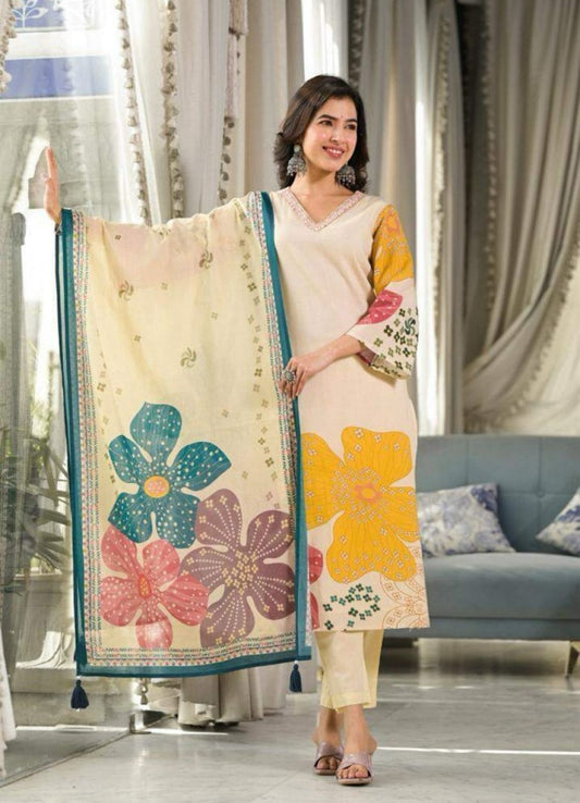 Women Floral Embroidered Cotton Kurta ,Trousers & Dupatta Set (Size-M)