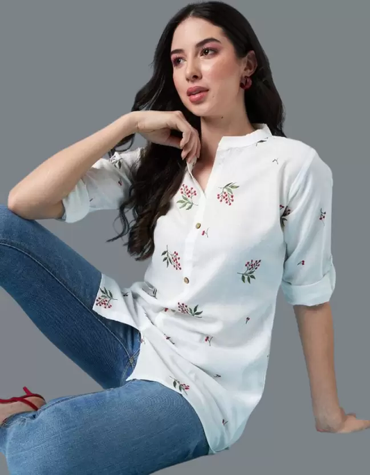 Casual Roll Up Sleeves Embroidered Women White Top (Size L)