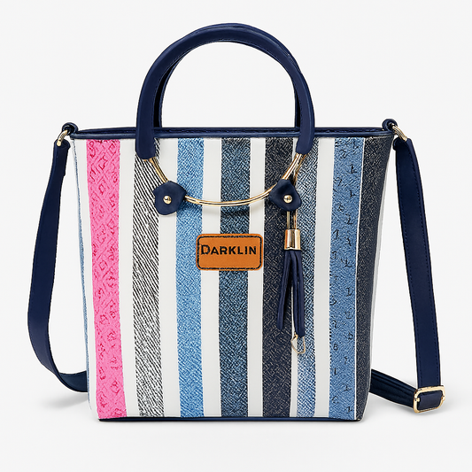 Navy Blue Striped Tote Bag with Tassel Detail