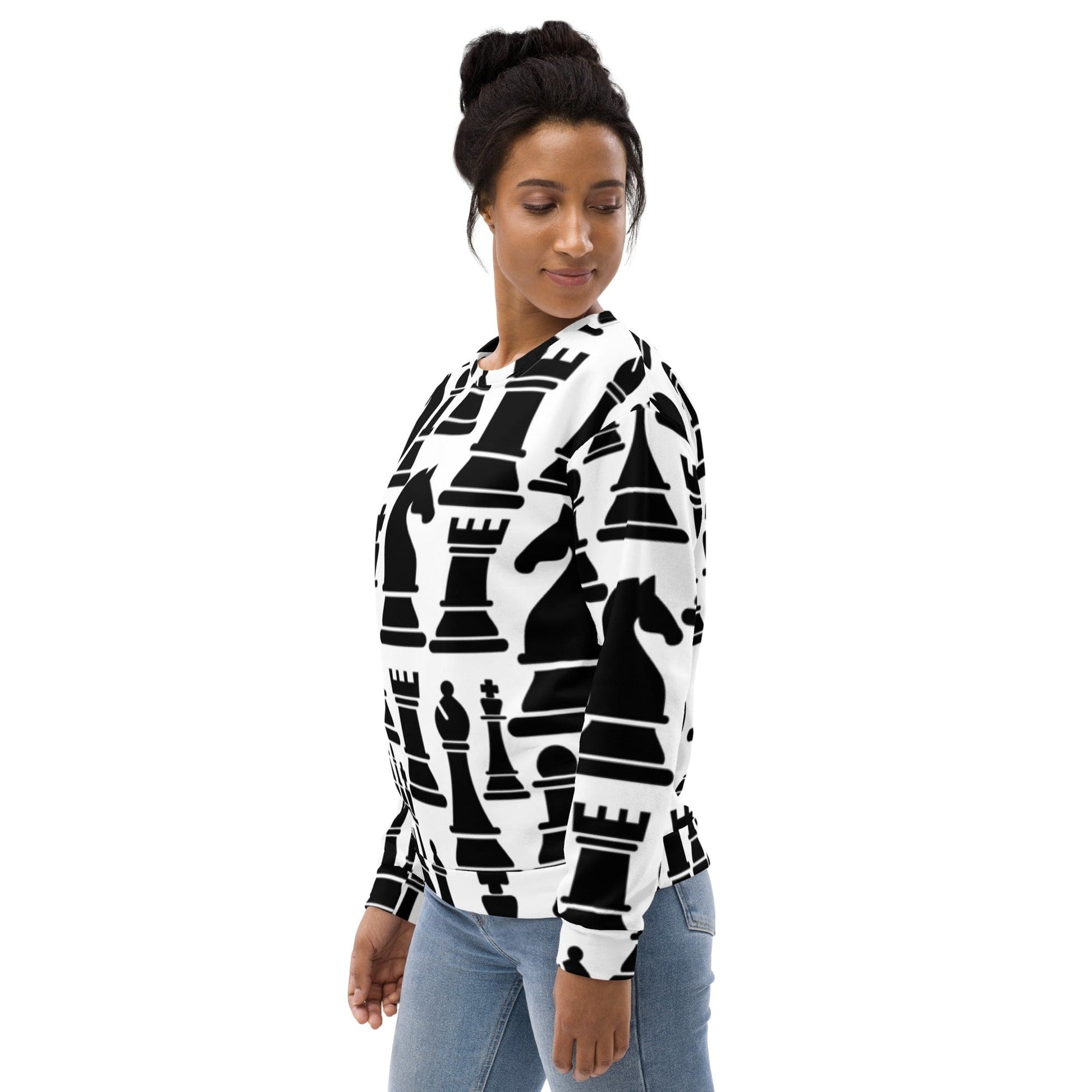 Graphic Sweatshirt for Women Black and White Chess Print | Grey Coco