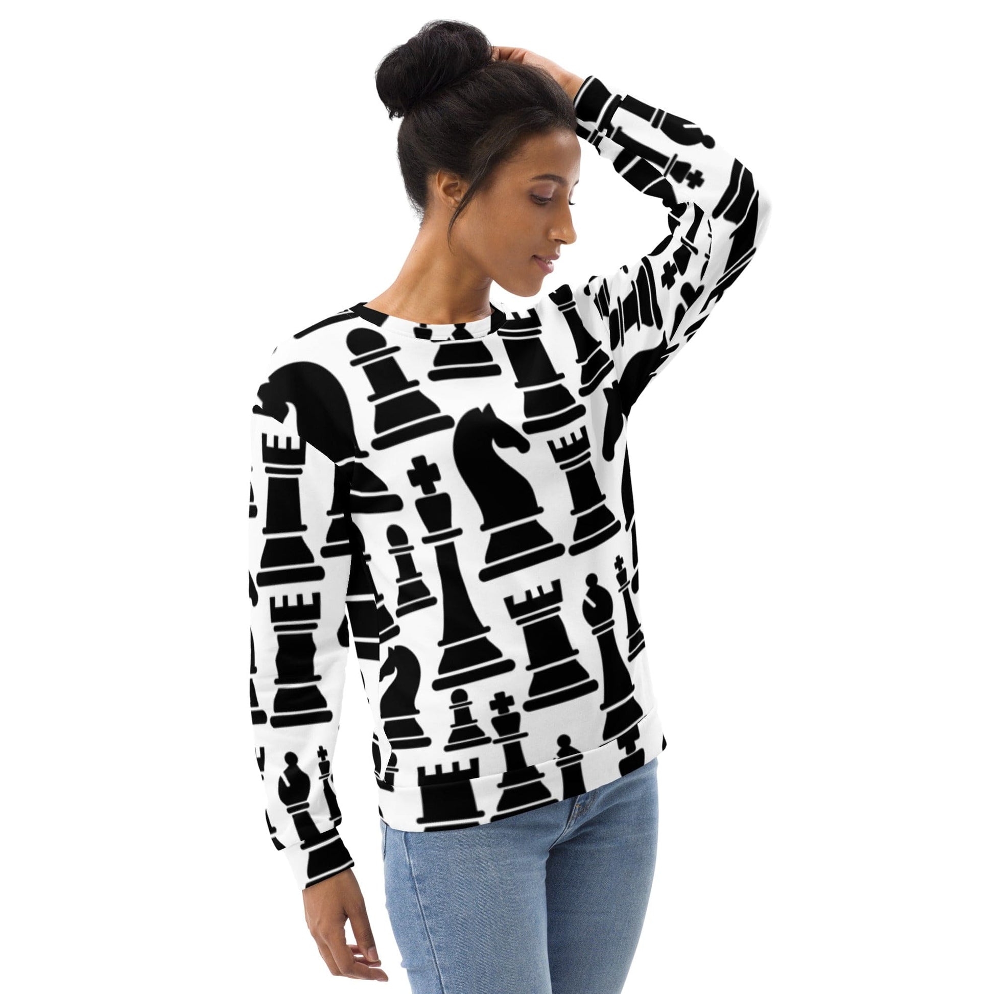 Graphic Sweatshirt for Women Black and White Chess Print | Grey Coco