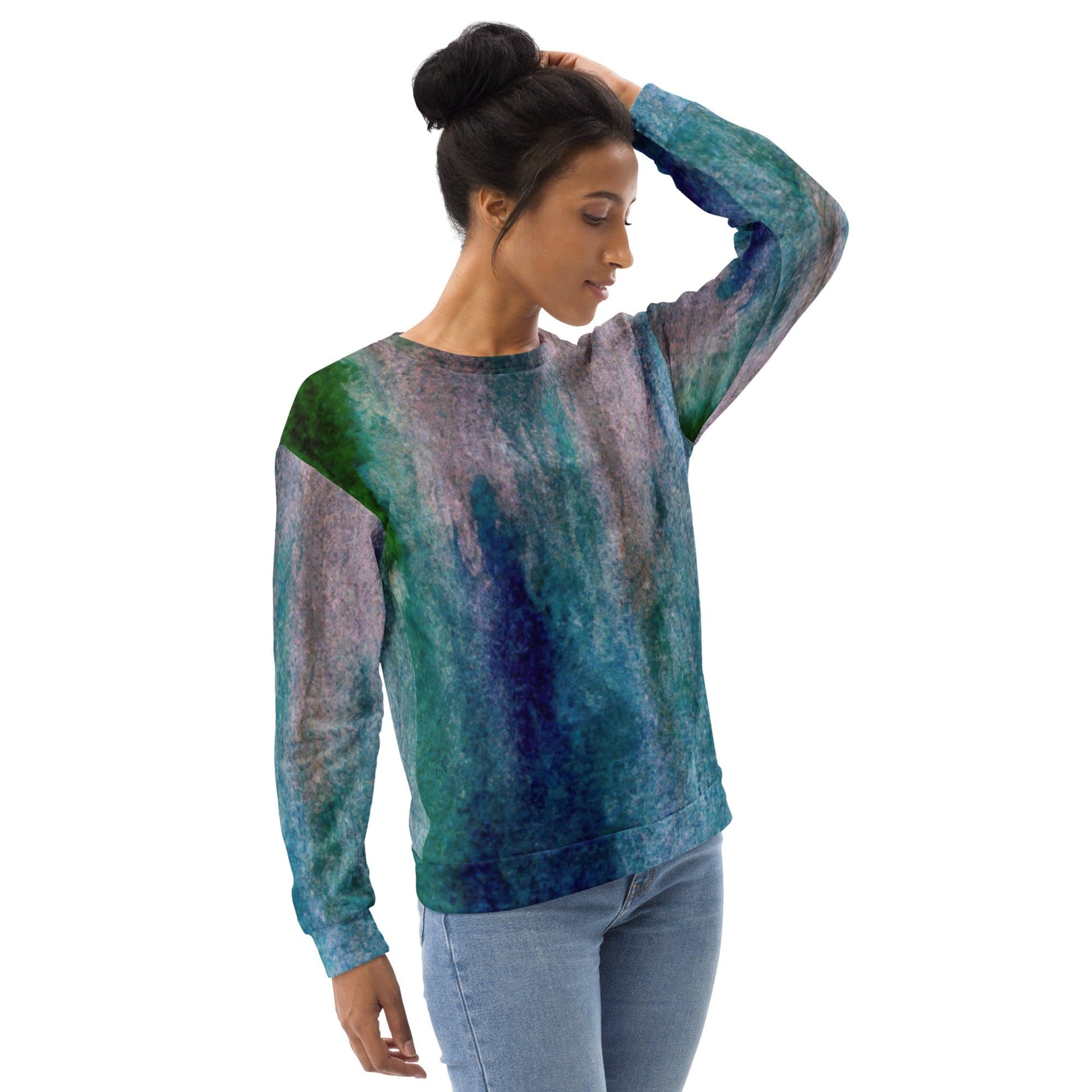 Graphic Sweatshirt for Women Blue Hue Watercolor Abstract Print | Grey Coco