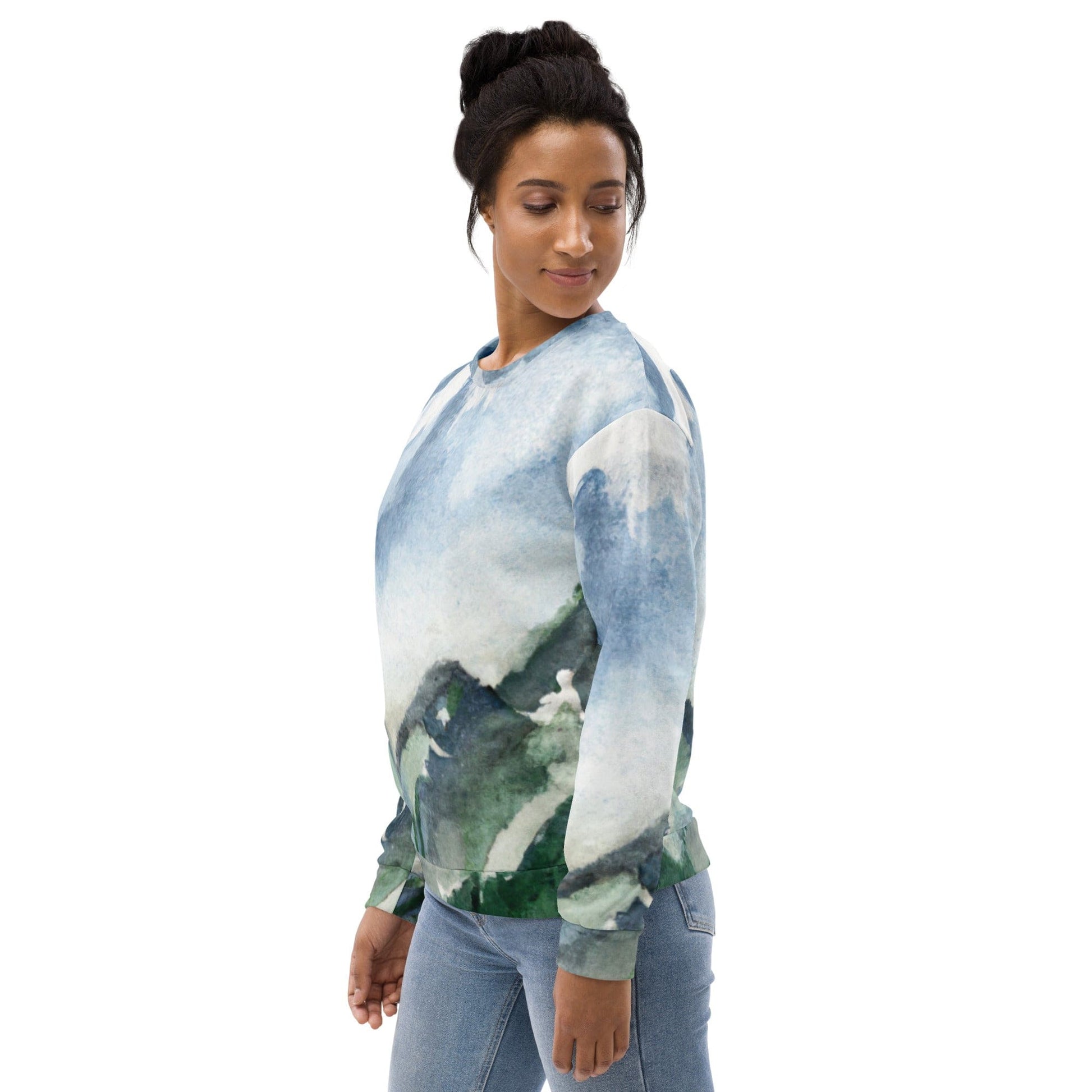 Graphic Sweatshirt for Women Green Mountainside Nature Landscape Blue | Grey Coco