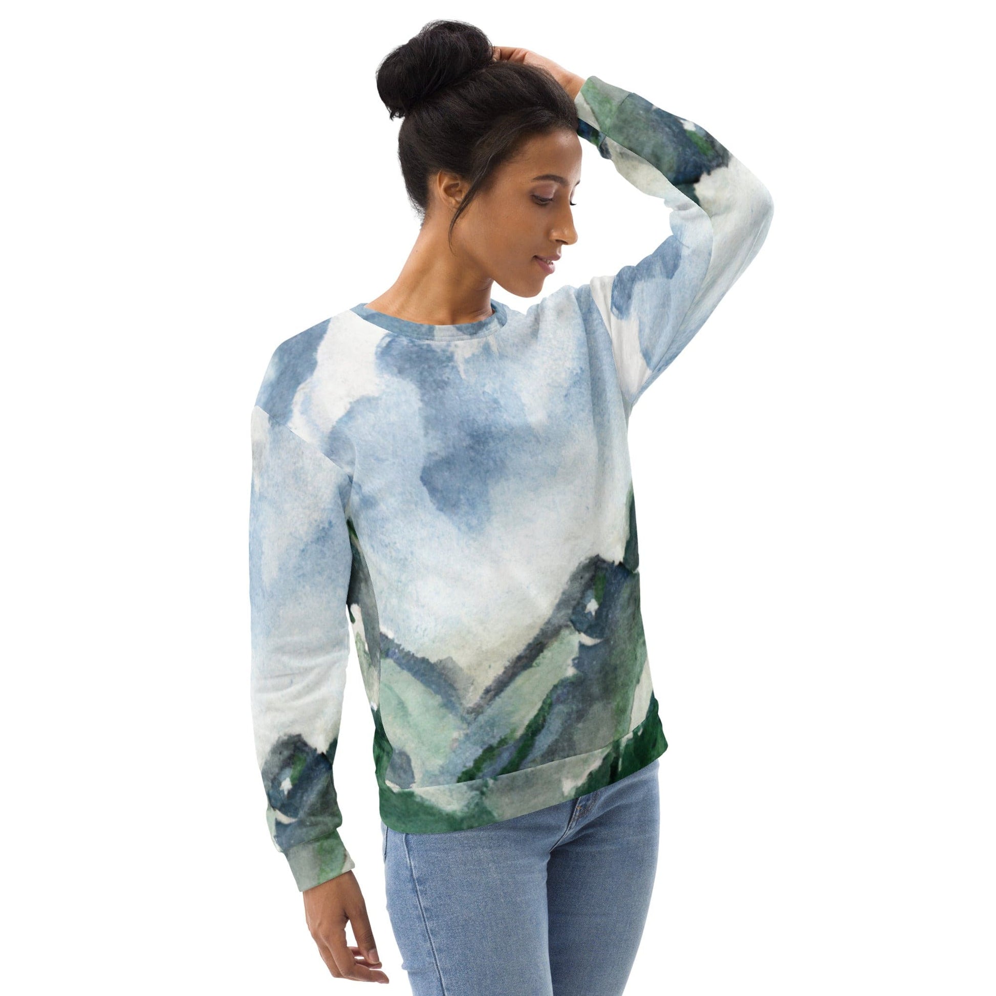 Graphic Sweatshirt for Women Green Mountainside Nature Landscape Blue | Grey Coco