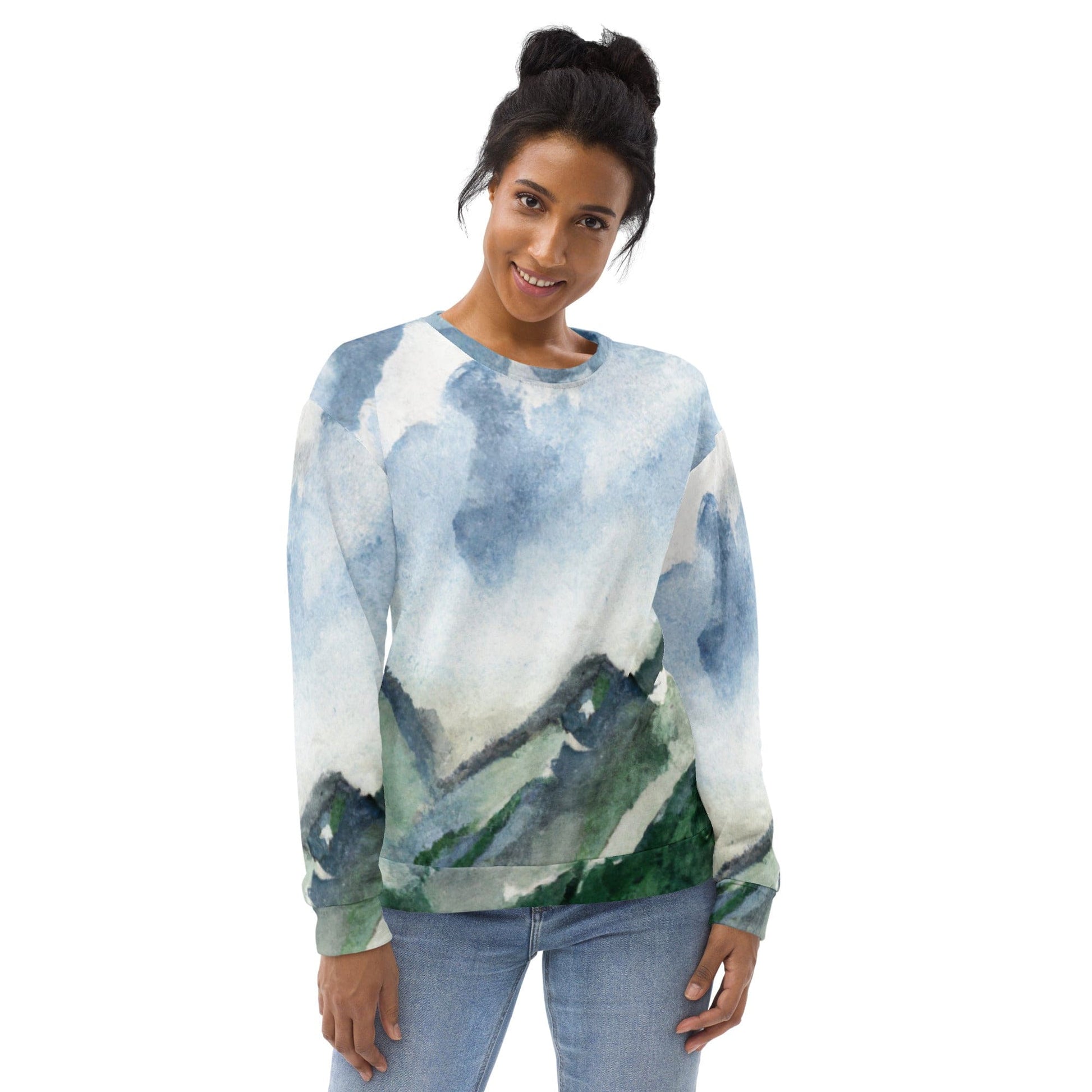 Graphic Sweatshirt for Women Green Mountainside Nature Landscape Blue | Grey Coco