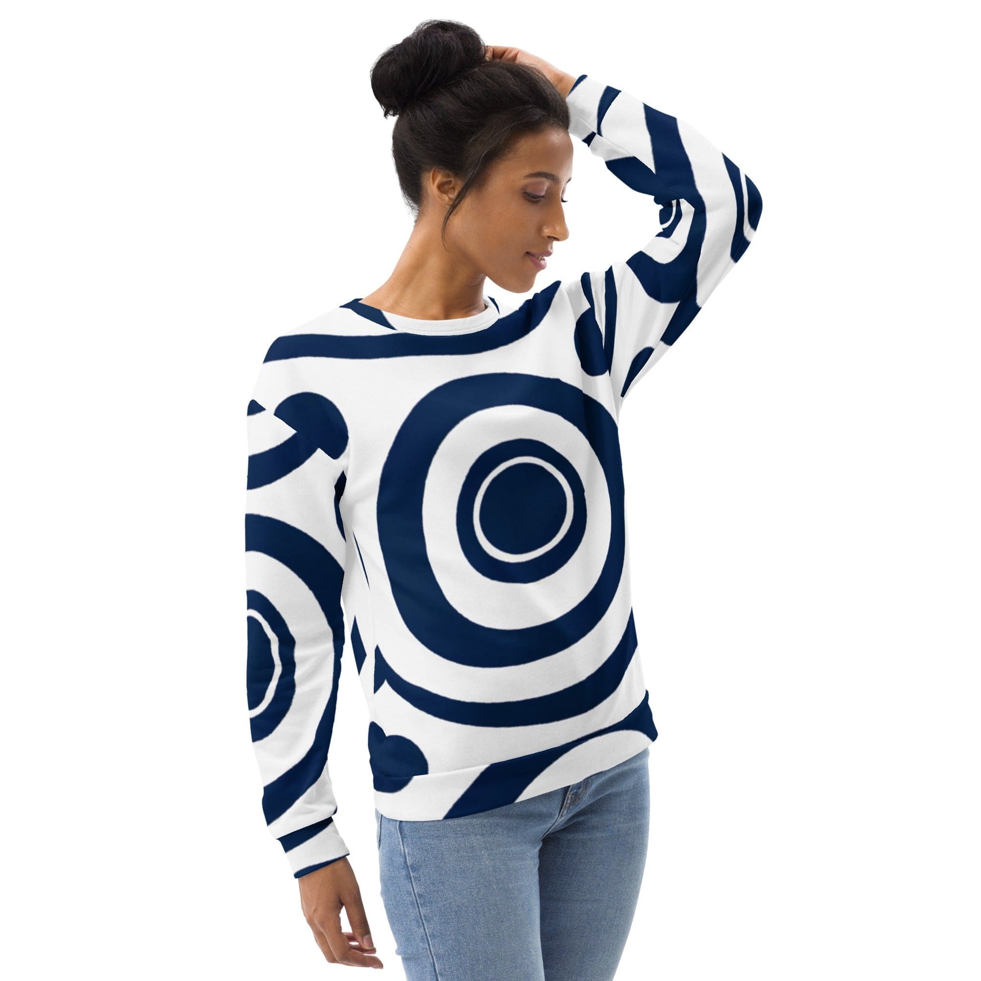 Graphic Sweatshirt for Women Navy Blue and White Circular Pattern | Grey Coco