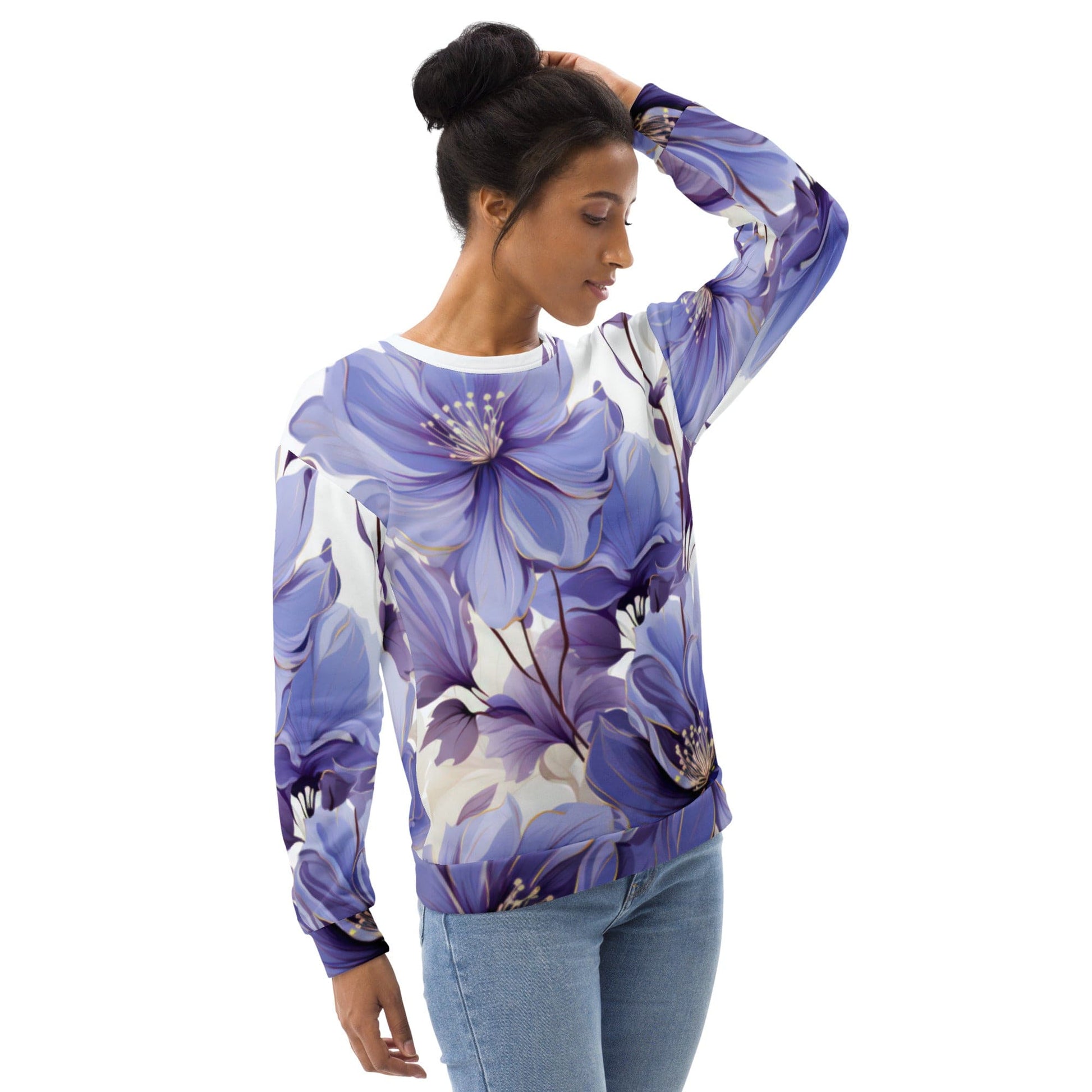 Graphic Sweatshirt for Women Purple Botanical Blooms | Grey Coco