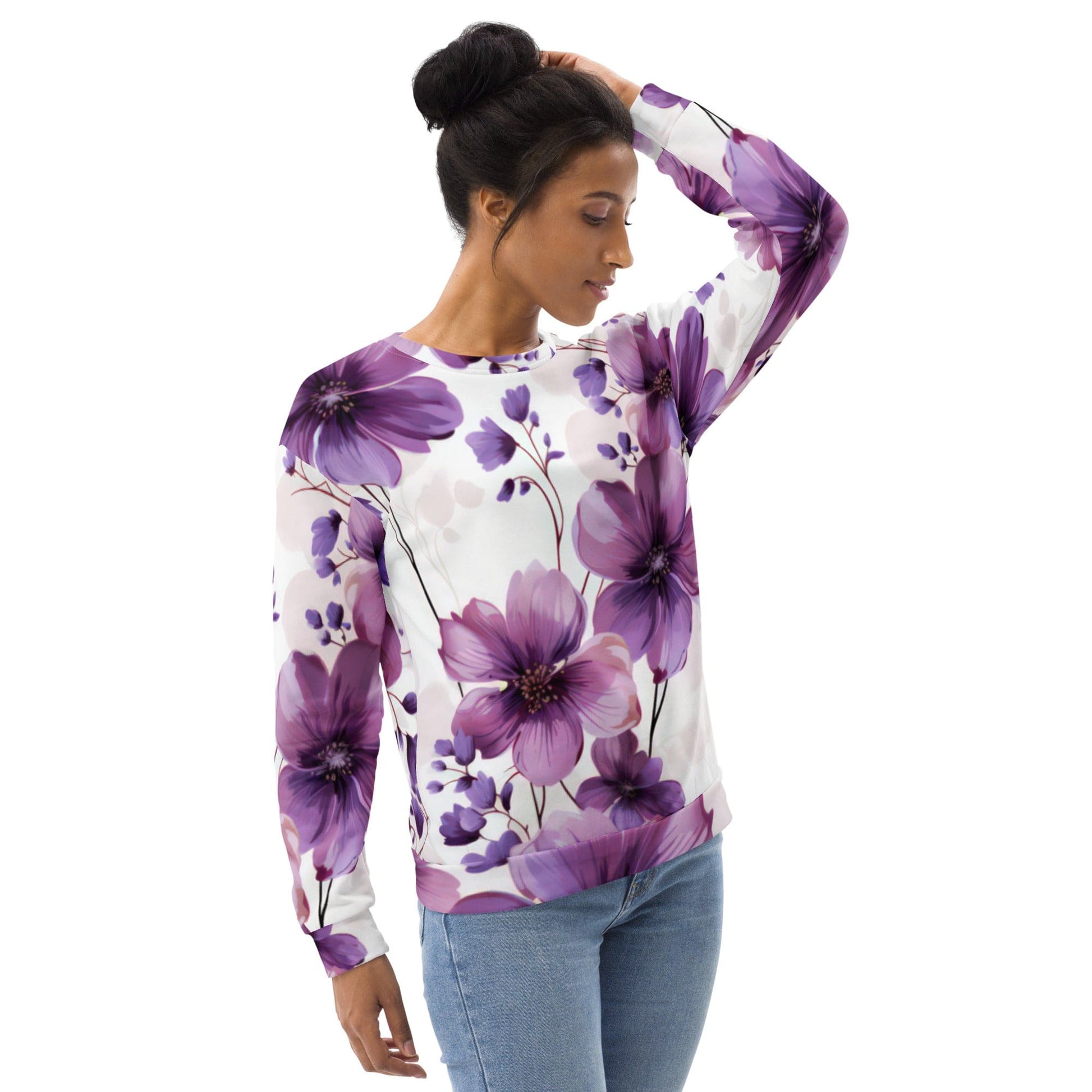 Graphic Sweatshirt for Women Purple Botanical Blooms | Grey Coco