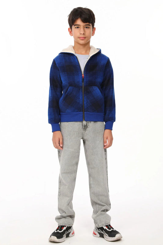 Kids Sherpa Lined Full Zip Hooded Plaid Sweatshirt Jac