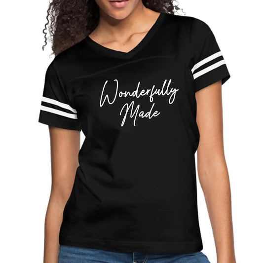 Womens Vintage Sport Graphic T-shirt – Wonderfully Made | Poly-Cotton Blend, Contrasting Stripes | Grey Coco