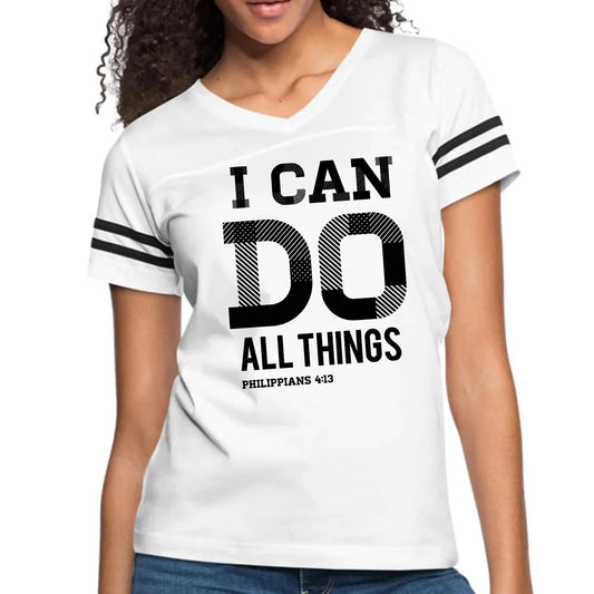 Womens Vintage Sport Graphic T-shirt – I Can Do All Things Philippians | Poly-Cotton, Contrasting Stripes | Grey Coco