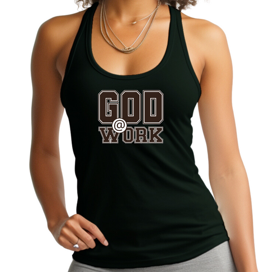 Womens Fitness Tank Top Graphic T-shirt - God @ Work Brown and White | Comfortable & Motivational