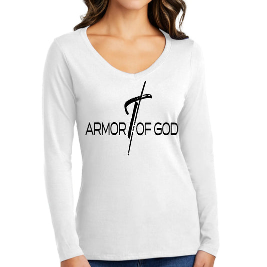 Womens Long Sleeve V-neck Graphic T-shirt - Armor of God | Christian Scripture Tee | Grey Coco
