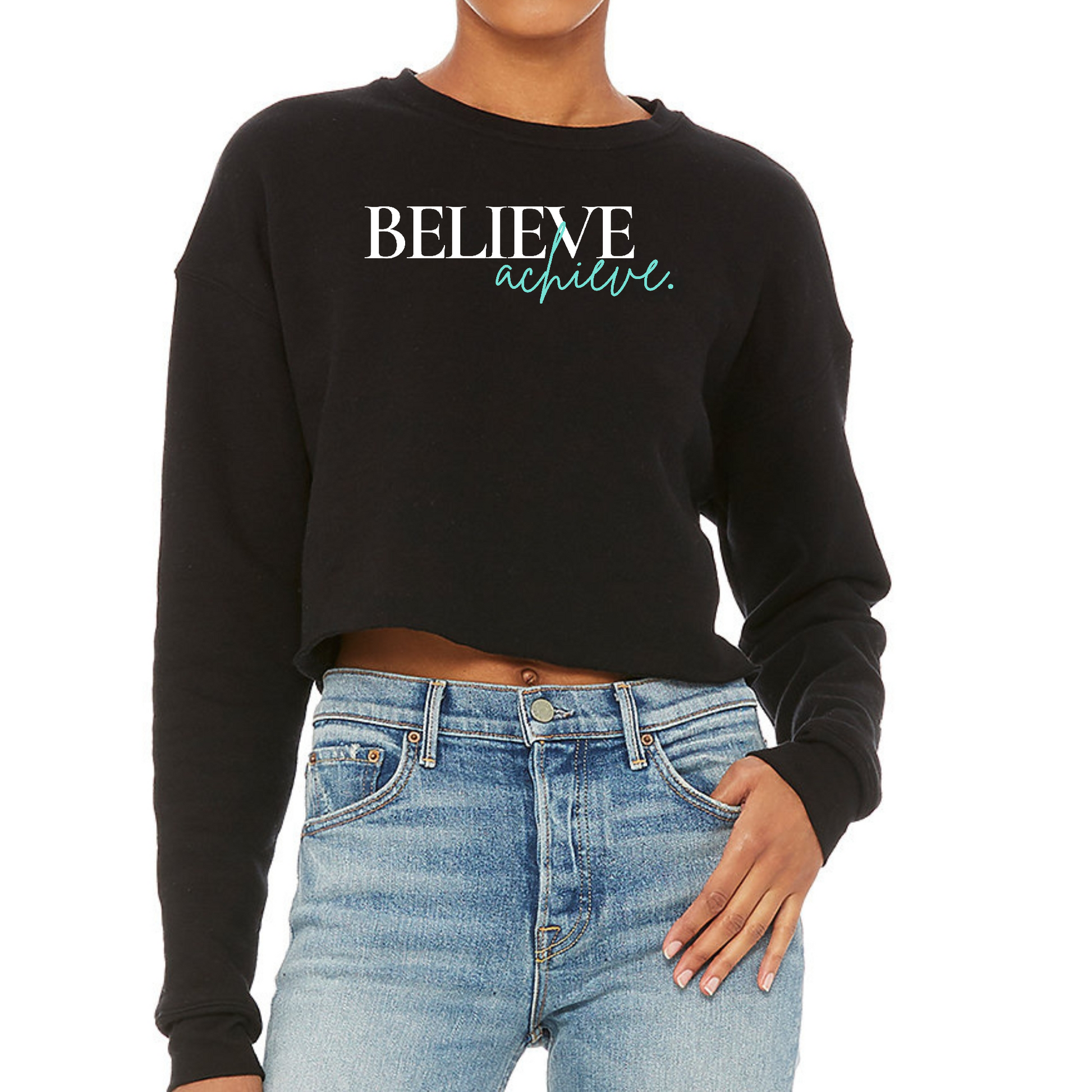 Womens Cropped Graphic Sweatshirt Believe and Achieve | Grey Coco