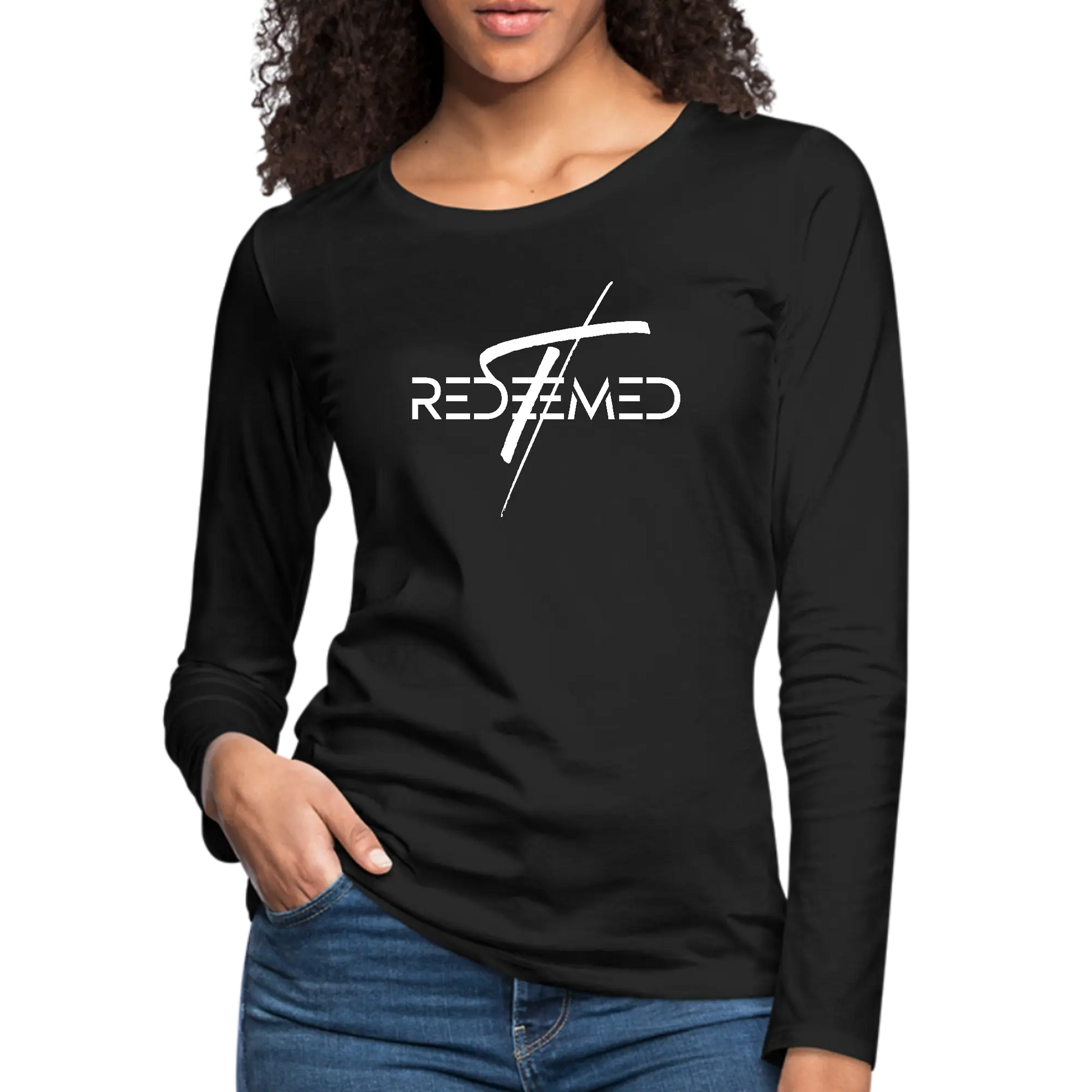 Womens Long Sleeve Graphic T-shirt - Redeemed Cross | Christian Inspirational Tee | Grey Coco