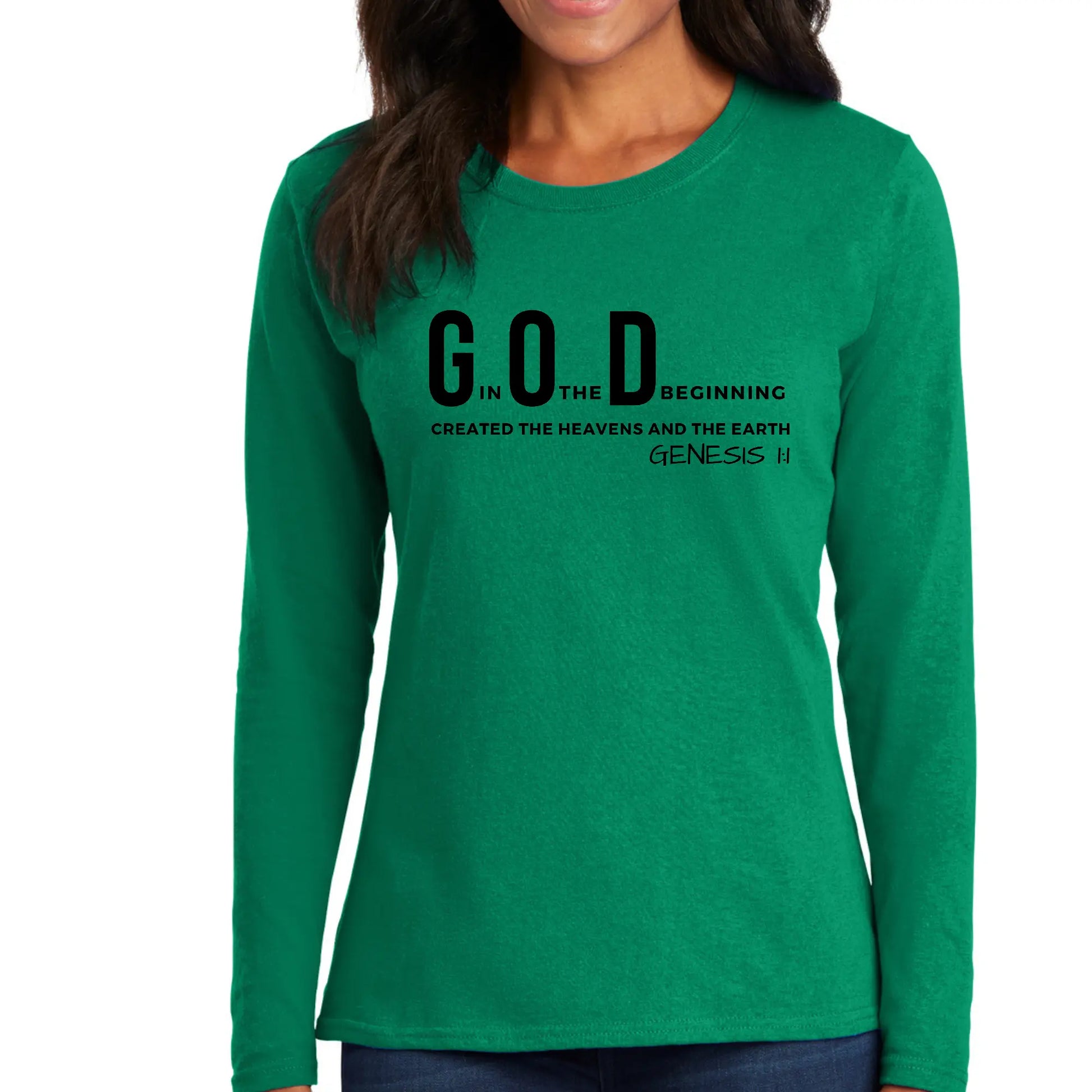 Womens Long Sleeve Graphic T-shirt – God in the Beginning Print | Scripture Verse Tee | Grey Coco