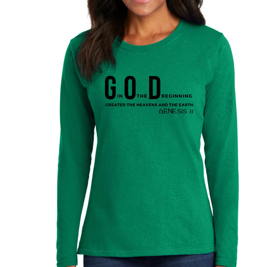 Womens Long Sleeve Graphic T-shirt – God in the Beginning Print | Scripture Verse Tee | Grey Coco