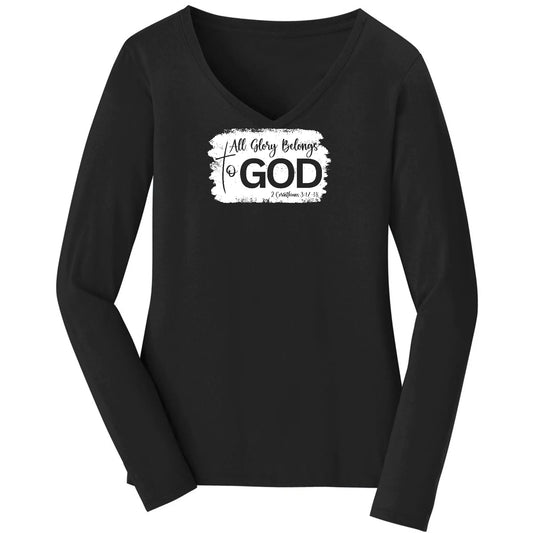 Womens Long Sleeve V-neck Graphic T-shirt - All Glory Belongs to God | Christian Inspirational Tee | Grey Coco