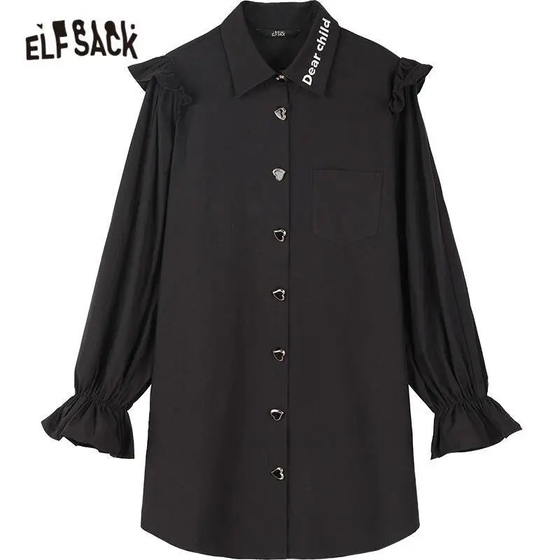 Harajuku Black Ruffle Sleeve Shirt Dress – Casual Punk Vintage Style | Yellow Angel