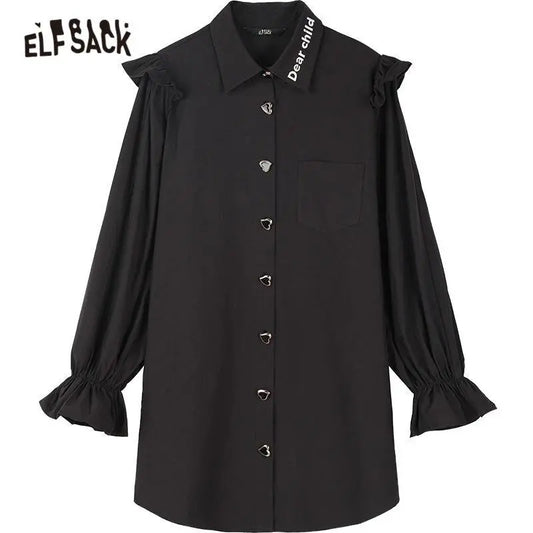 Harajuku Black Ruffle Sleeve Shirt Dress – Casual Punk Vintage Style | Yellow Angel