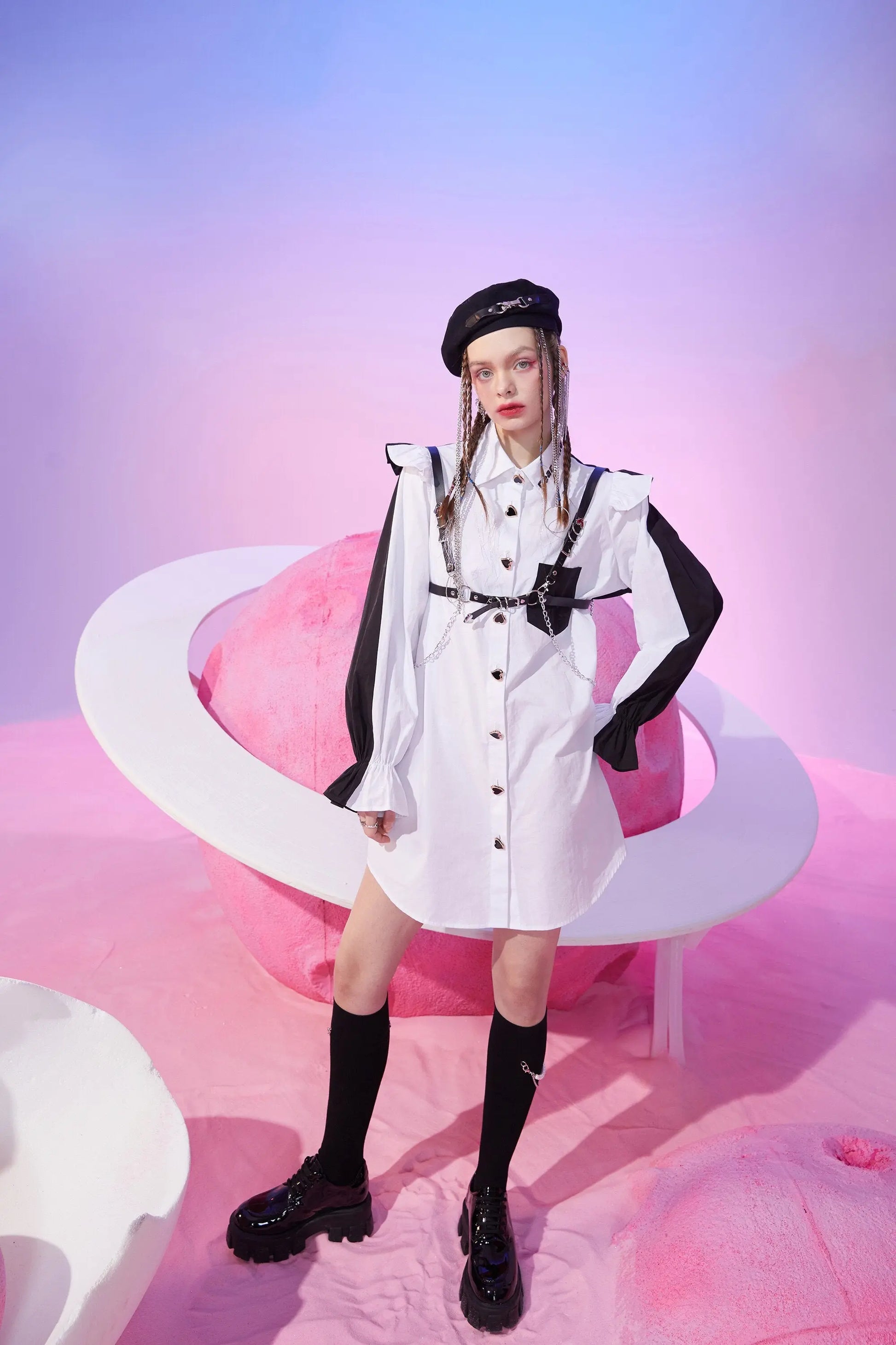 Harajuku Black Ruffle Sleeve Shirt Dress – Casual Punk Vintage Style | Yellow Angel