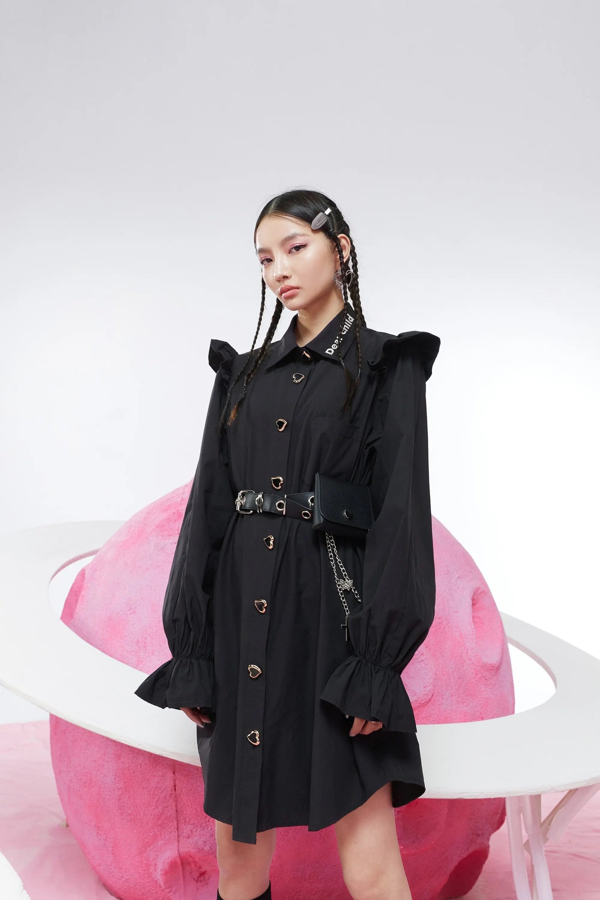 Harajuku Black Ruffle Sleeve Shirt Dress – Casual Punk Vintage Style | Yellow Angel