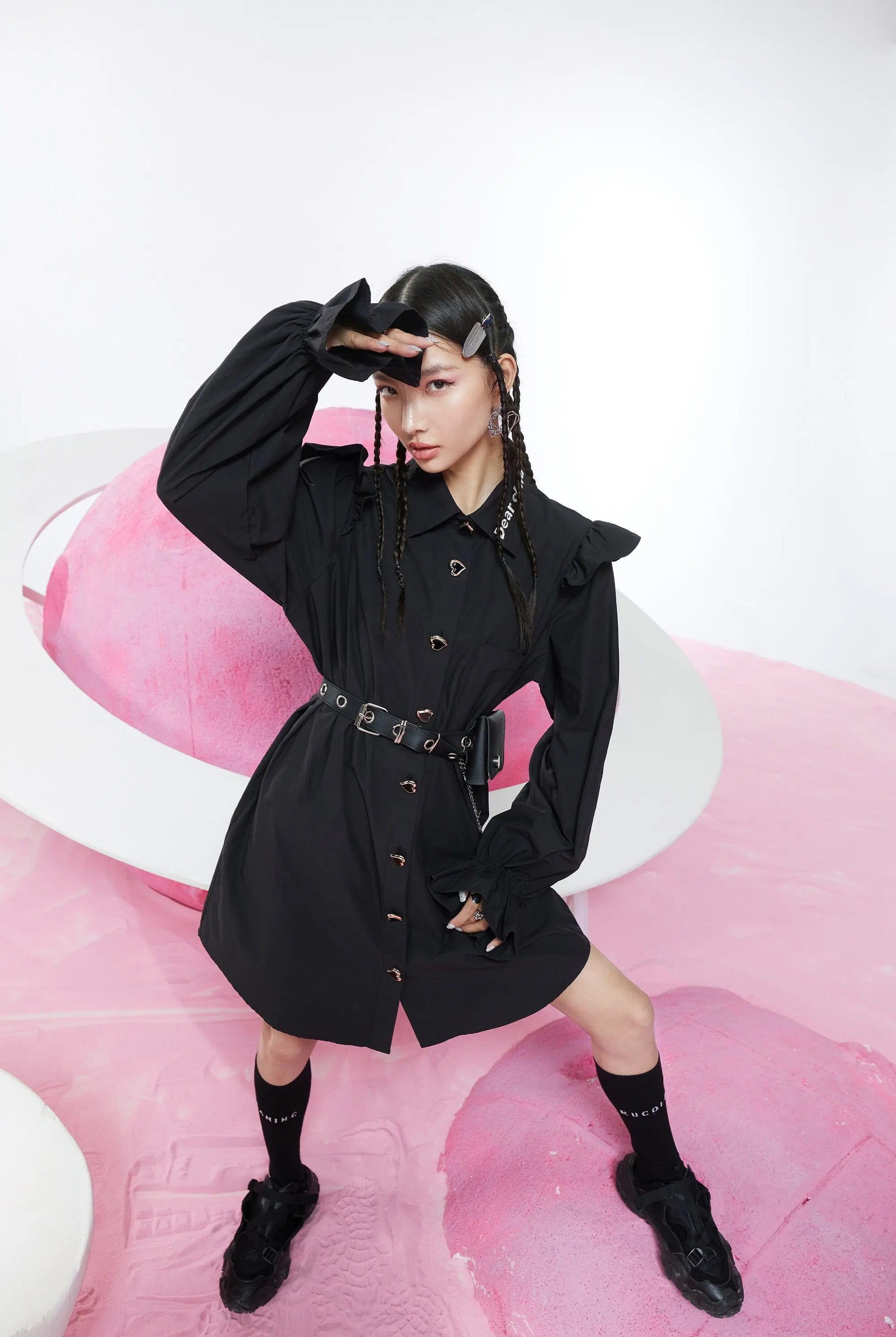 Harajuku Black Ruffle Sleeve Shirt Dress – Casual Punk Vintage Style | Yellow Angel