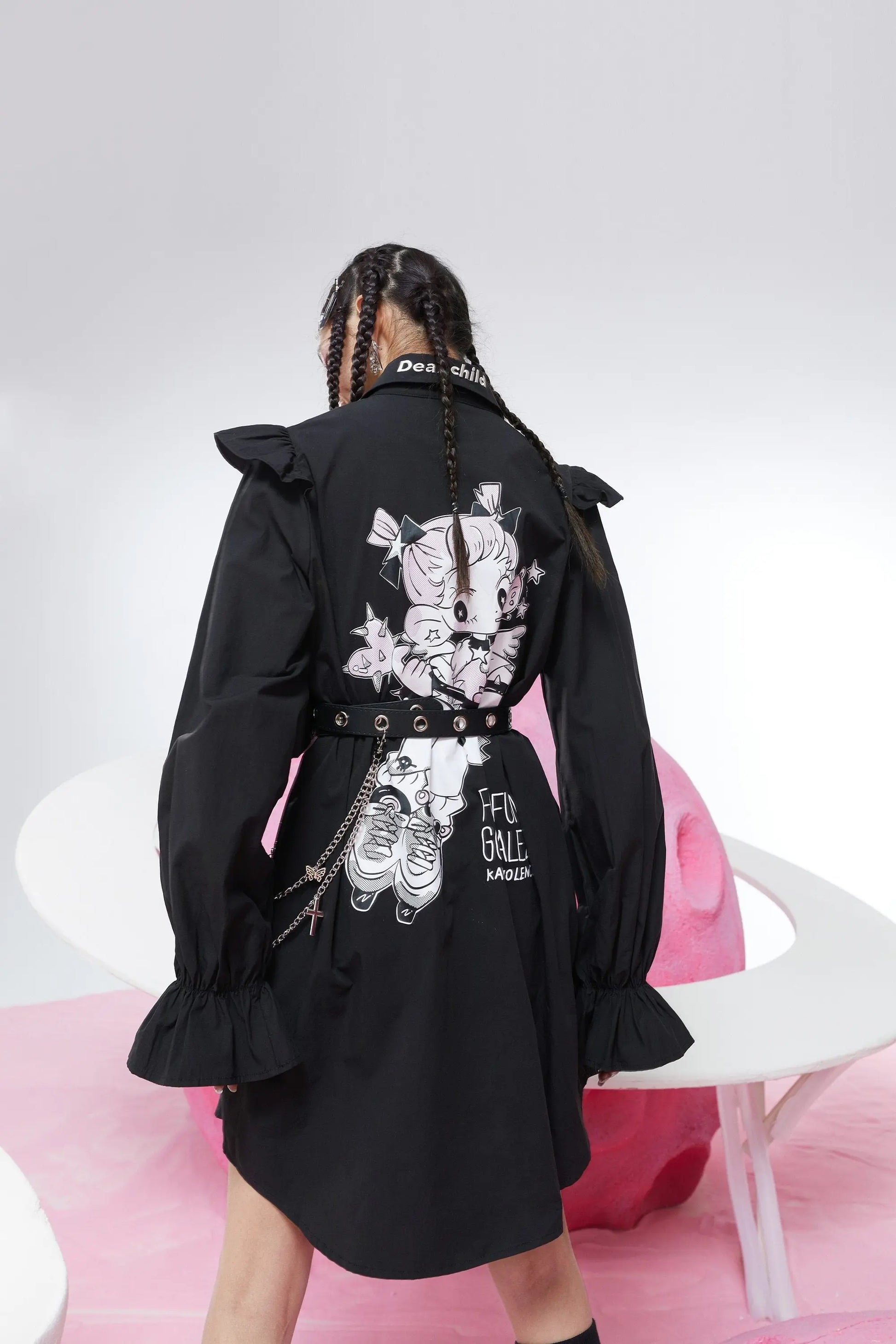 Harajuku Black Ruffle Sleeve Shirt Dress – Casual Punk Vintage Style | Yellow Angel