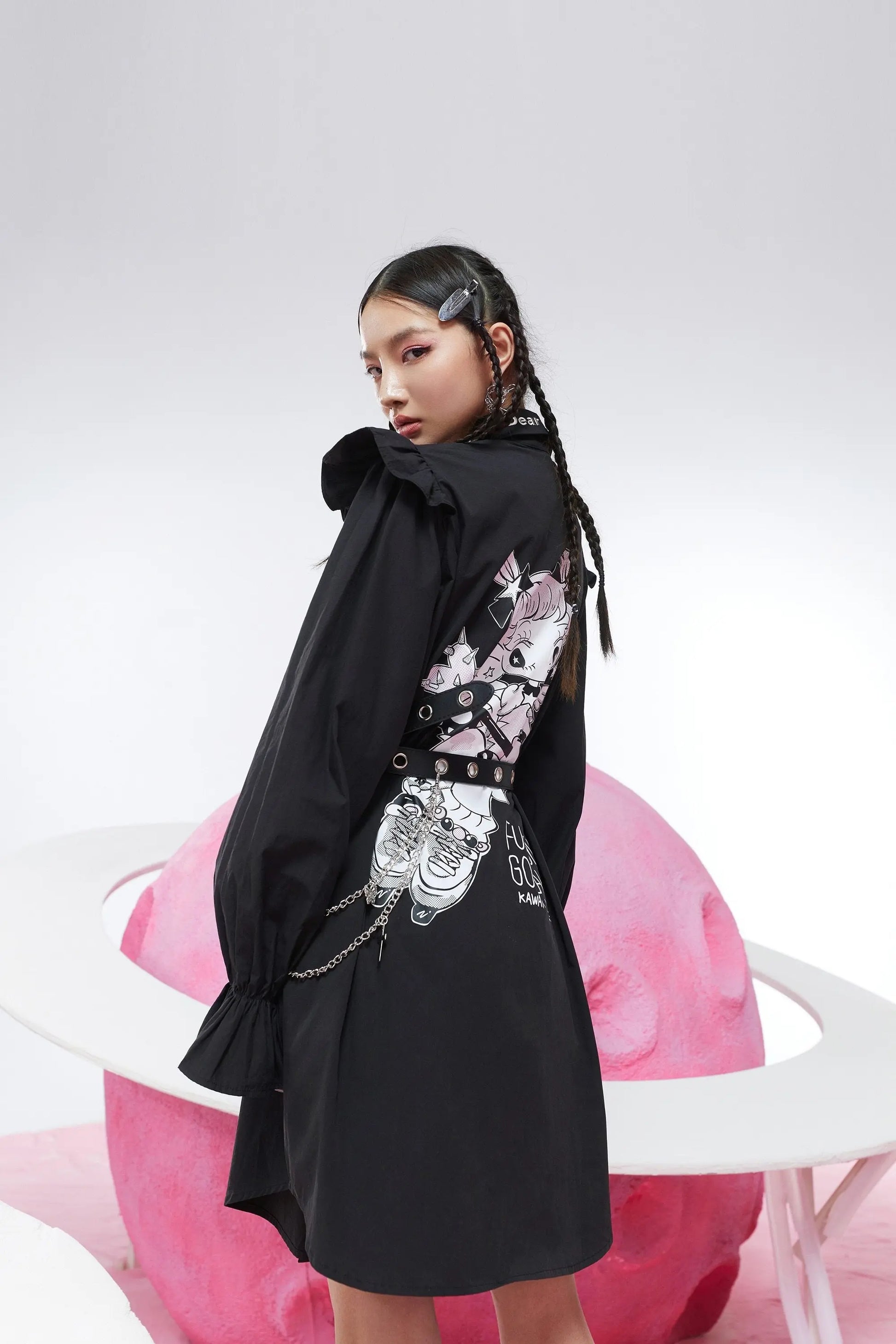 Harajuku Black Ruffle Sleeve Shirt Dress – Casual Punk Vintage Style | Yellow Angel