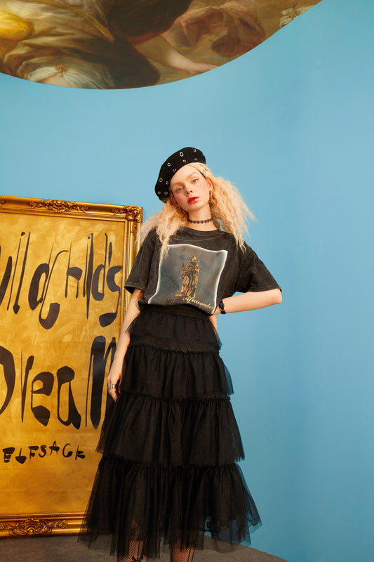 Solid Pure High Waist Casual Women Midi Mesh Skirts,Spring ELF Vintage