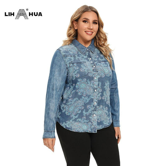Women's Plus Size Cotton Woven Denim Shirt | Button-Up Long Sleeve Casual Blouse | Yellow Angel