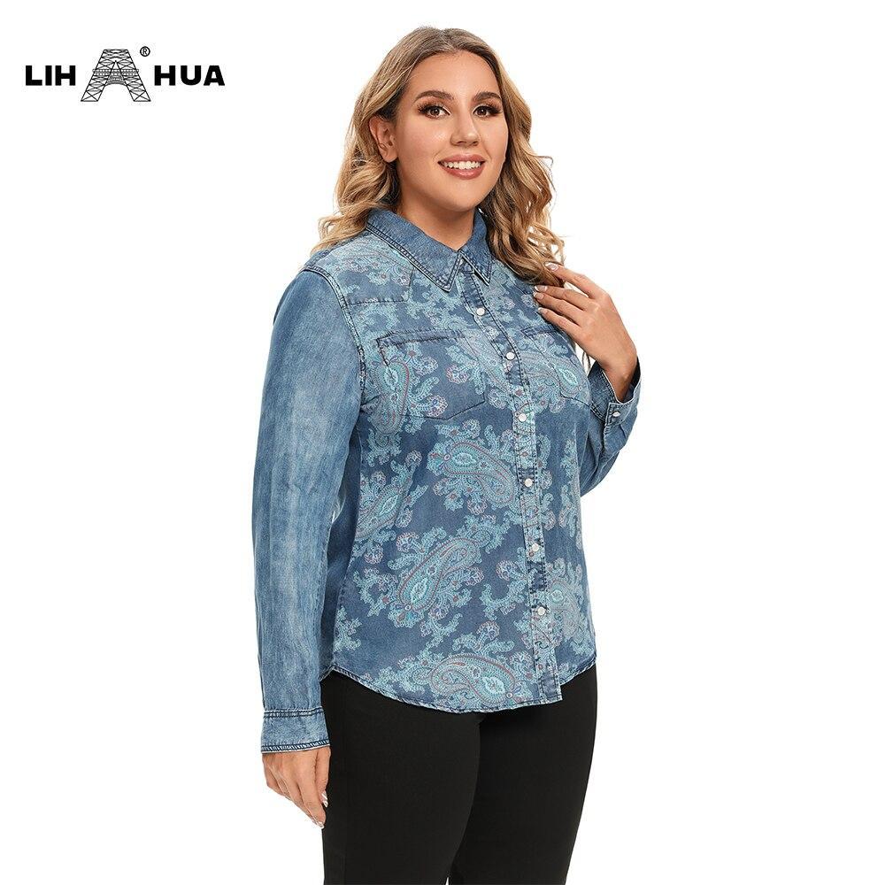 Women's Plus Size Cotton Woven Denim Shirt | Button-Up Long Sleeve Casual Blouse | Yellow Angel