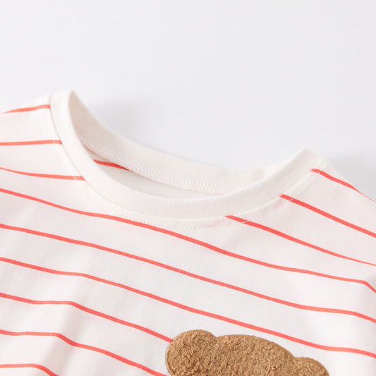 Autumn Arrival Kids Girls Teddy Bear and Striped Pattern Long Sleeves