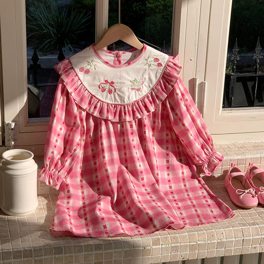 Arrival Autumn Girls Strawberry and Plaid Pattern Long Sleeves Dress