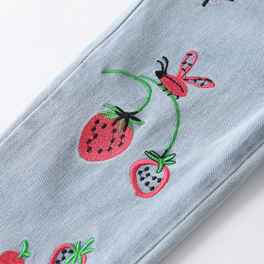Arrival Autumn Baby Kids Girls Strawberry Pattern Denim Pants