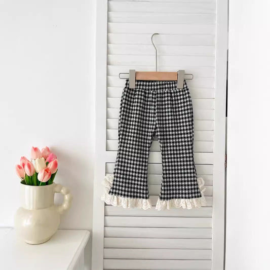 Arrival Autumn Baby Kids Girls Cheap Plaid Trousers Pants with Lace