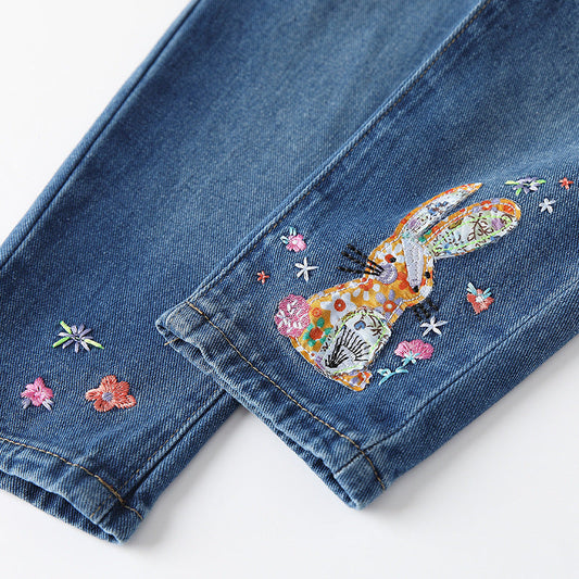 Arrival Autumn Baby Kids Girls Colorful Flowers Pattern Denim Pants