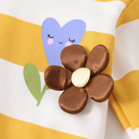 Autumn Arrival Kids Girls Flowers and Striped Pattern Long Sleeves