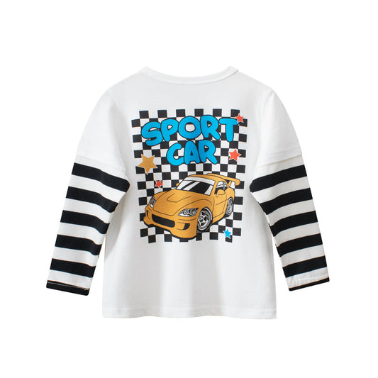 Autumn Baby Kids Boys Letters and Cartoon Print Striped Long Sleeves