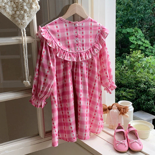 Arrival Autumn Girls Strawberry and Plaid Pattern Long Sleeves Dress
