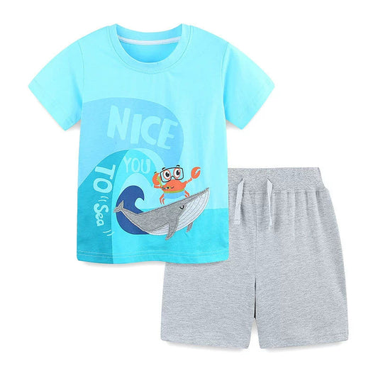 Summer Baby Kids Cartoon Marine Animals Pattern T-shirt and Plain