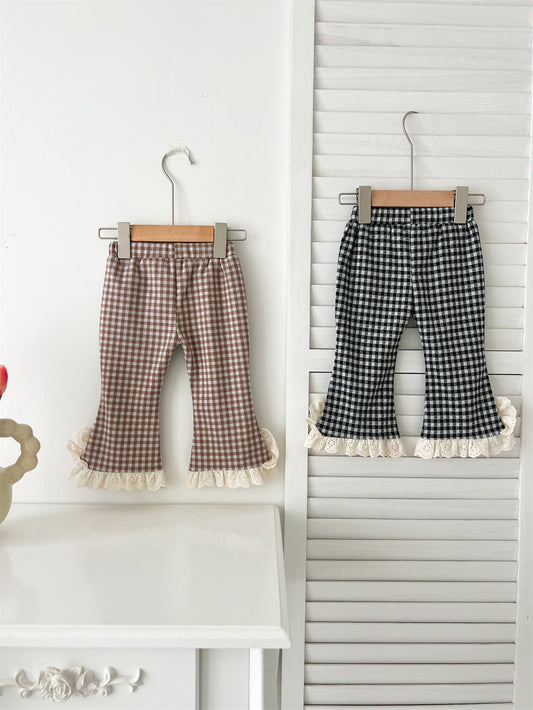 Arrival Autumn Baby Kids Girls Cheap Plaid Trousers Pants with Lace