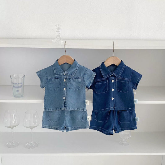 Summer Hot Selling Baby Kids Boys Short Sleeves Denim Single Breasted