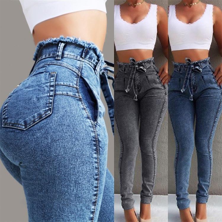 2019 women's jeans Slim stretch tassel belt high waist jeans women | Blue Charlie