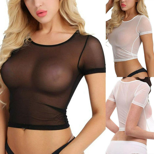 Women Sexy Sheer Mesh See Through Crop Top Tee – Short Sleeve Clubwear