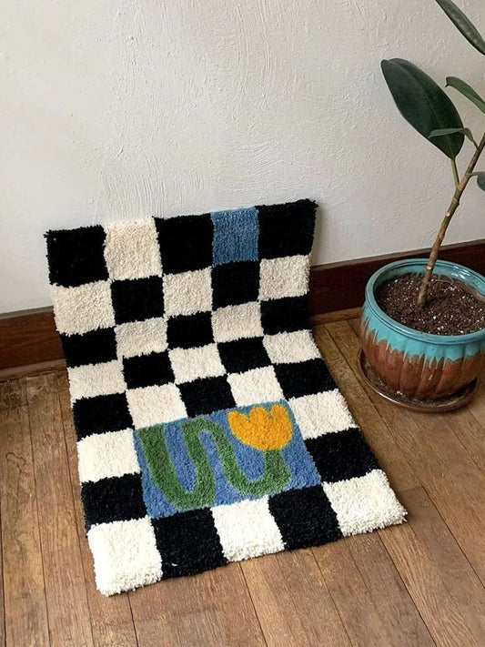Soft Contemporary Floral Checker Bath Rug, Absorbent, Anti-slippery Ma