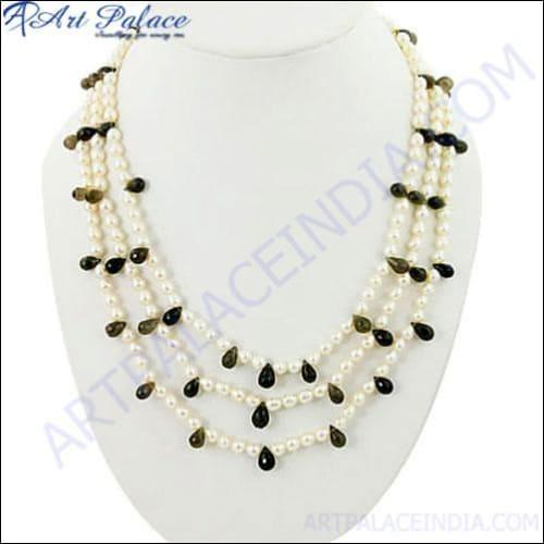 Unique Pearl & Smokey Quartz Gemstone Silver Necklace - Special Design
