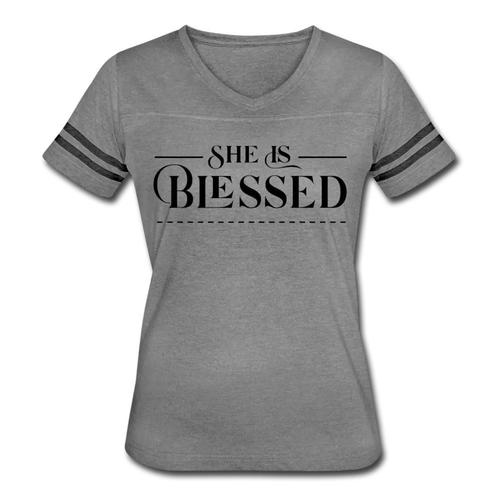 Women’s Graphic Vintage Tee – "She is Blessed" Sport T-shirt | Poly-Cotton Blend, Contrasting Stripes | Grey Coco