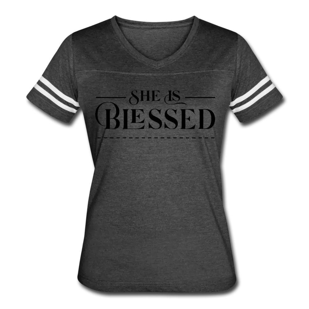 Women’s Graphic Vintage Tee – "She is Blessed" Sport T-shirt | Poly-Cotton Blend, Contrasting Stripes | Grey Coco