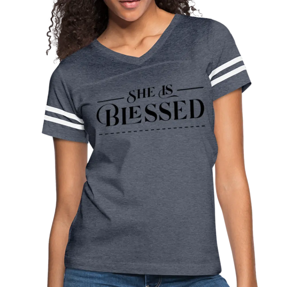 Women’s Graphic Vintage Tee – "She is Blessed" Sport T-shirt | Poly-Cotton Blend, Contrasting Stripes | Grey Coco